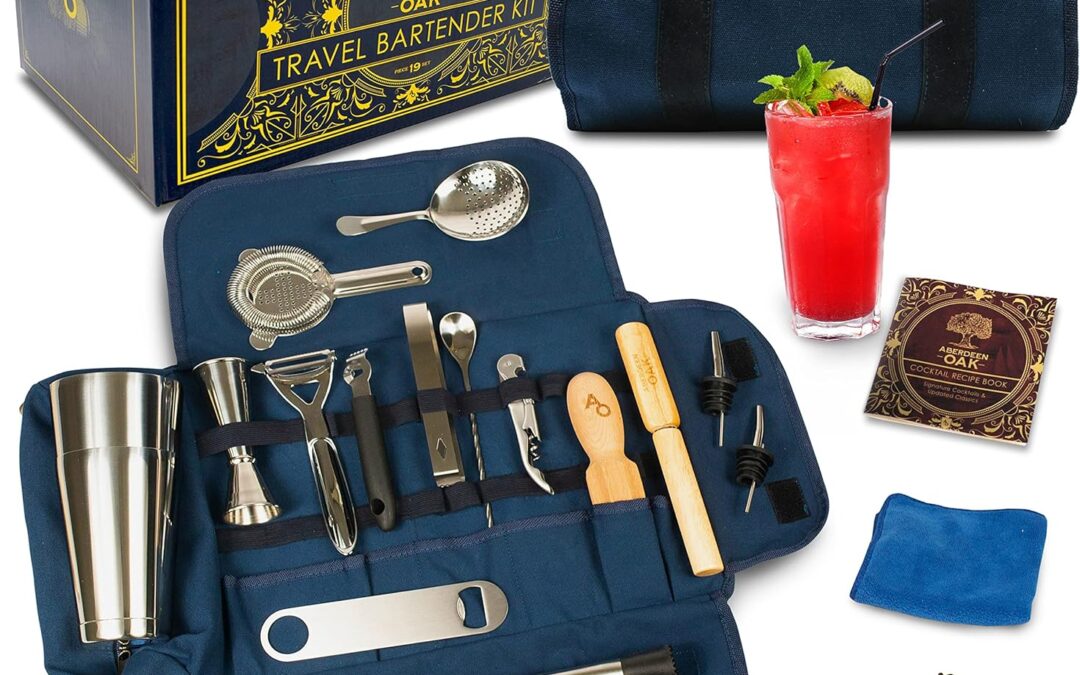 A set of bar tools and a bag with a drink in it.