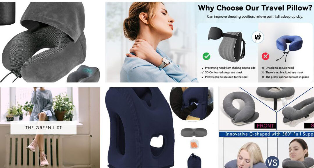 A promotional collage showcasing various styles and features of travel pillows, including a comparison with a traditional neck pillow and a woman using one to demonstrate comfort and support.