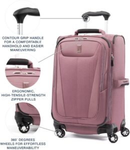 A pink suitcase with wheels and features.