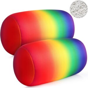 A pair of rainbow colored pillows on a white background.