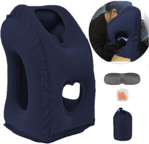 A travel pillow with a pair of glasses and earplugs.