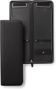 A black zippered case with a zippered closure.