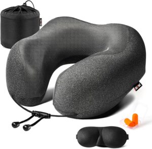 A travel pillow with earplugs and earplugs.