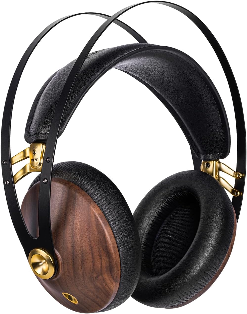 A pair of headphones with gold and wood accents.