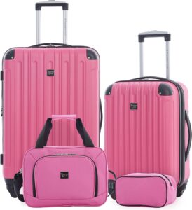 Four pieces of pink luggage on a white background.