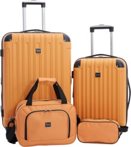 Three pieces of orange luggage with handles and wheels.