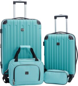 Four pieces of turquoise luggage with handles and wheels.
