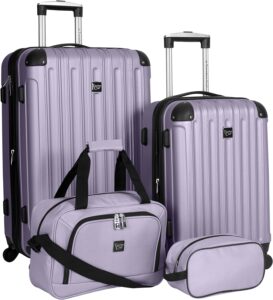 Four pieces of purple luggage with handles and wheels.