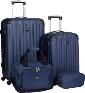 Four pieces of luggage with handles and wheels.