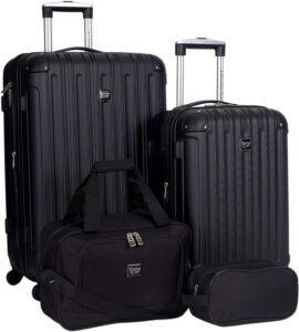 Four pieces of black luggage with handles and wheels.