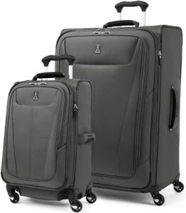 Two pieces of luggage with wheels on a white background.