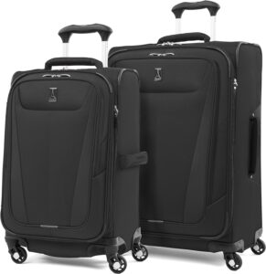 Two pieces of luggage with wheels on a white background.