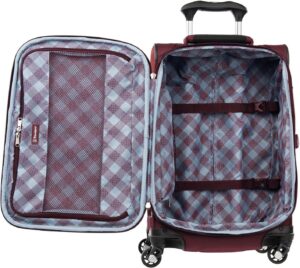 A burgundy suitcase with wheels and handles.