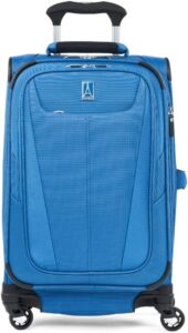 A blue suitcase with wheels on a white background.