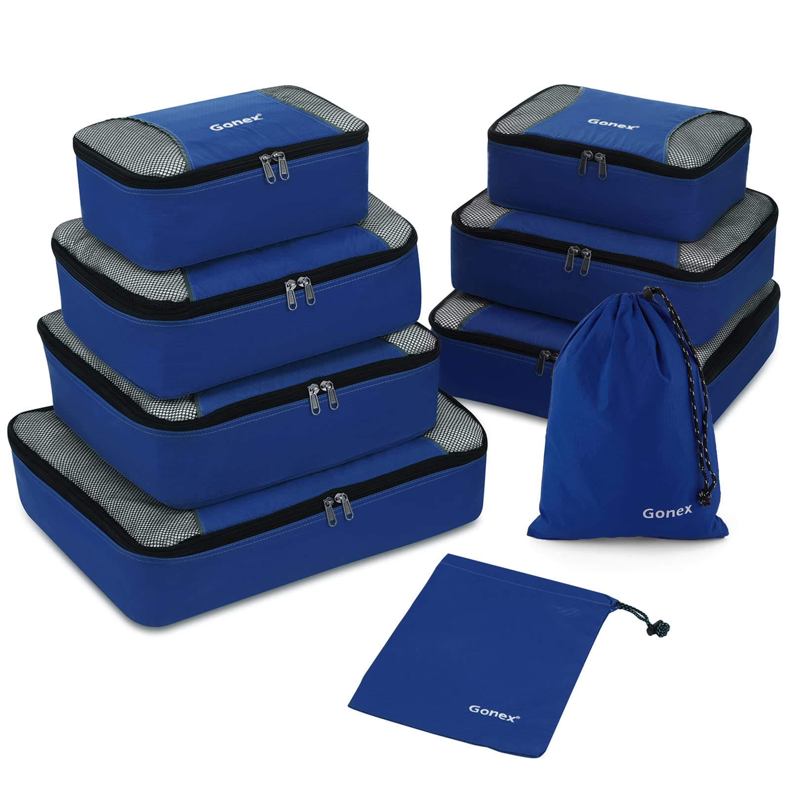 Set of blue Gonex packing cubes with Compression Cubes for organized luggage.