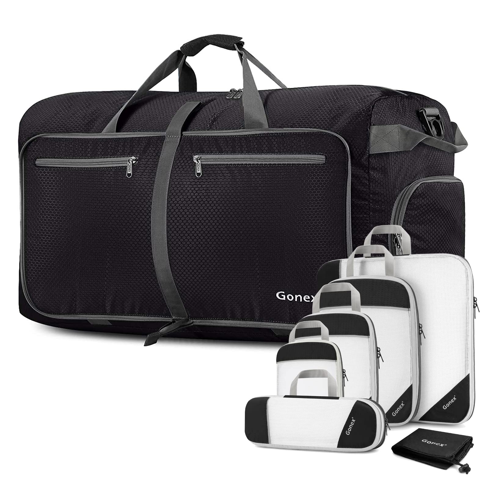 A set of black and white travel bags in various sizes, featuring the Gonex 150L Duffel Bag with Compression Cubes, smaller cases, and pouches.